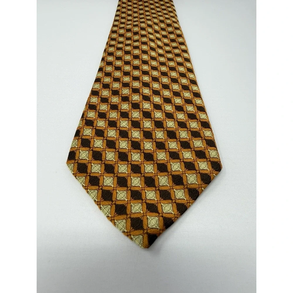 Vintage Diamond Phoenix Silk Necktie Brown Gold Geometric Check Retro 53
